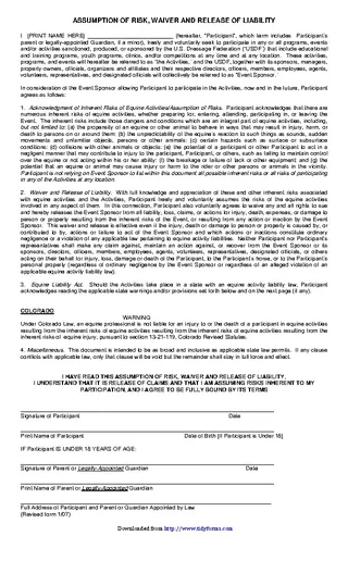 Forms Colorado Assumption Of Risk Waiver And Release Of Liability