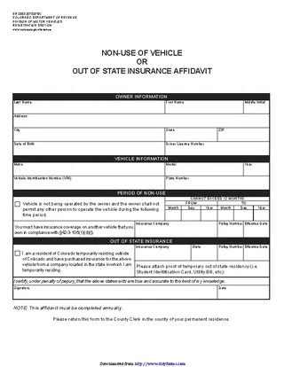 Colorado Non Use Of Vehicle Or Out Of State Insurance Affidavit Form