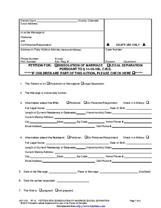 Colorado Petition For Dissolution Of Marriage Or Legal Separation