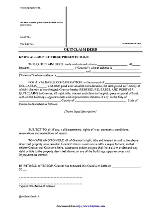 Colorado Quitclaim Deed Form 2