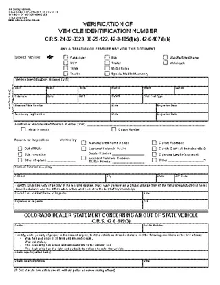 Forms Colorado Verification Of Vehicle Identification Number Dr 2698
