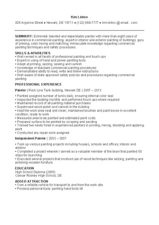Forms Commercial Painters Resume