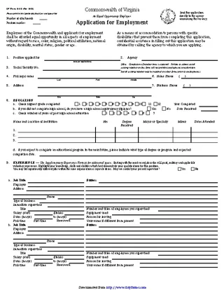 Commonwealth Of Virginia Application For Employment Fillable