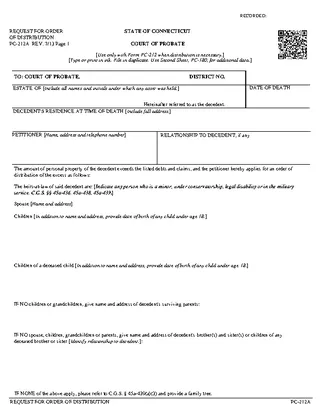 Connecticut Request For Order Of Redistribution Pc 212A
