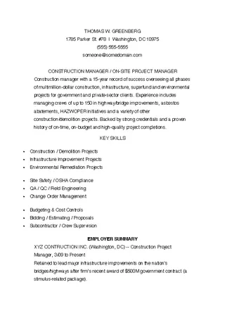 Construction Manager Resume Sample
