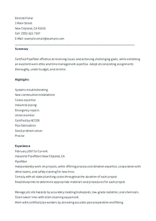 Forms Construction Pipefitter Resume