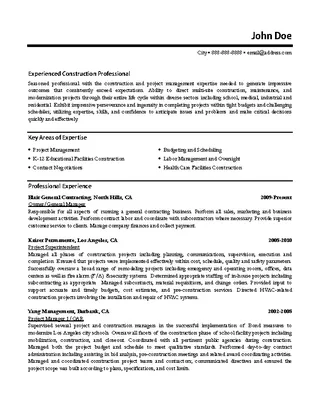 Construction Project Manager Resume Format