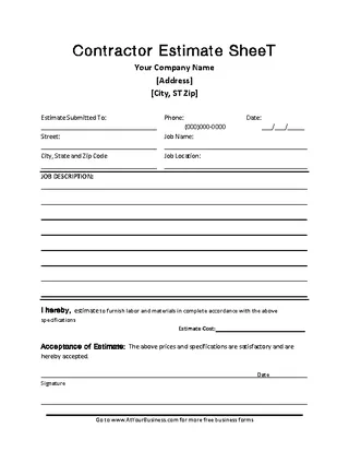 Contractor Blank Estimate Sheet Template Free Download