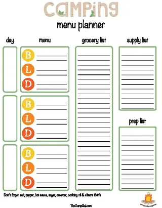 Forms Daily Camping Menu Planner Template