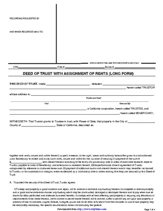 Deed Of Trust With Assignment Of Rents Long Form