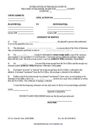 Delaware Affidavit Of Service Form