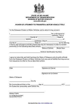 Delaware Power Of Attorney To Transfer A Motor Vehicle Title Form