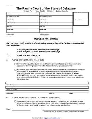 Forms Delaware Request For Notice Divorce Annulment Action Form
