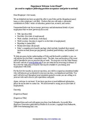 Forms Department Welcome Letter