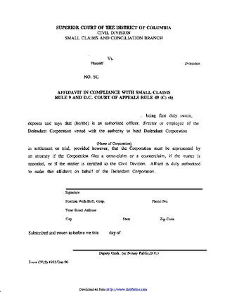 District Of Columbia Affidavit In Compliance With Small Claims Form