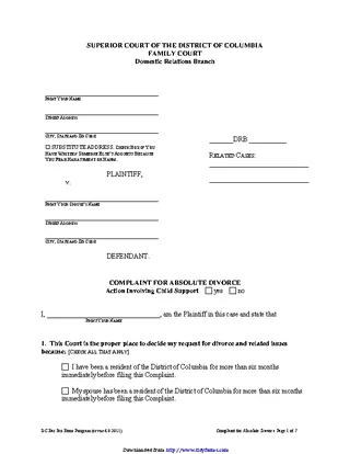District Of Columbia Complaint For Absolute Divorce Form