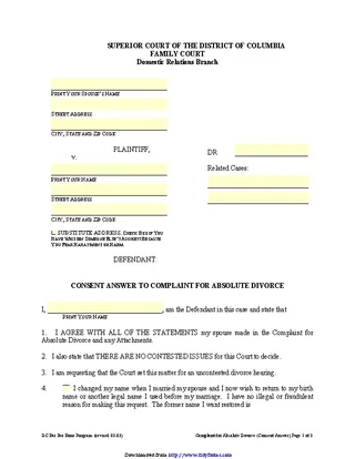 District Of Columbia Consent Answer To Complaint For Absolute Divorce Form