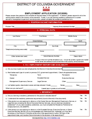 District Of Columbia Government Employment Application Dc2000