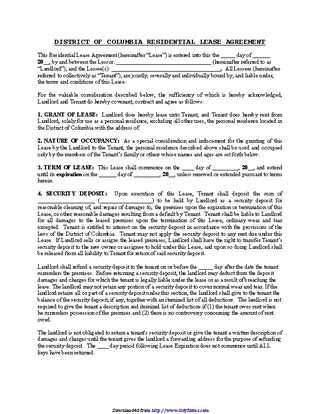 District Of Columbia Residential Lease Agreement Form