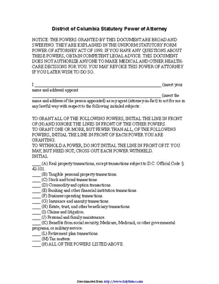 Forms District Of Columbia Statutory Power Of Attorney Form