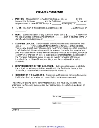 Forms District Of Columbia Sublease Agreement Form