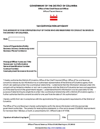 District Of Columbia Tax Certification Affidavit Form