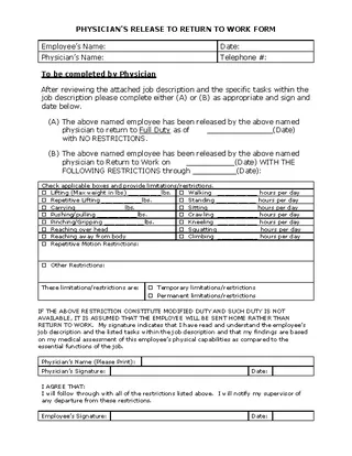 Forms Doctor Note To Return To Work Template Free Pdf
