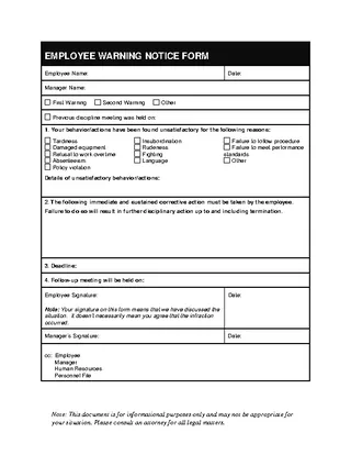 Employee Warning Notice Form Write Up Template Sample