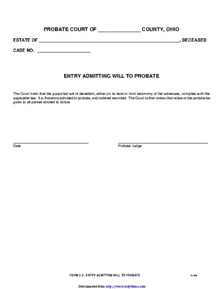 Forms Entry Admitting Will To Probate