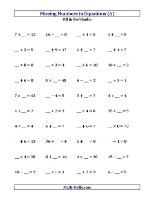 Equations Missing Numbers Worksheet Template