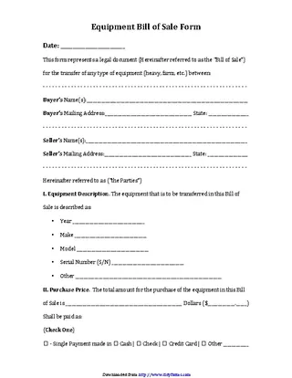 Forms Equipment Bill Of Sale Form