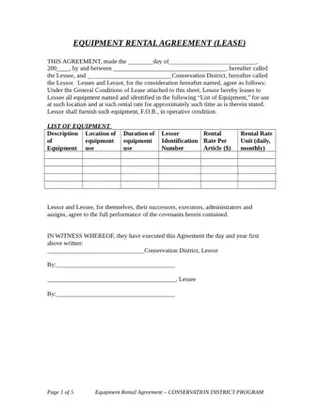 Forms Equipment Rental Agreement Template PDF