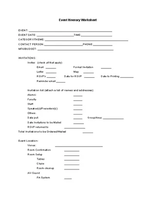 Forms Event Itinerary Worksheet Template