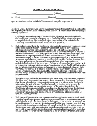 Forms Example Business Non Disclosure Confidentiality Agreement