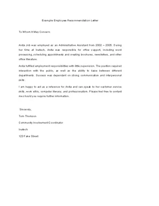 Forms Example Employee Recommendation Letter Template