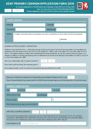 Example Of Kent Primary School Admission Application Form Free Download