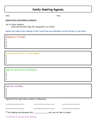 Example Weekly Family Meeting Agenda Template