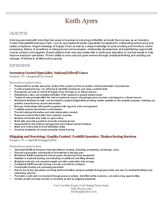 Experience Forklift Operator Resume