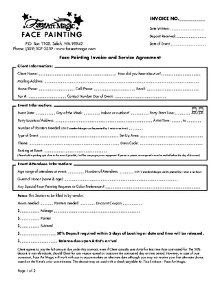Forms Face Painting Invoice And Service Agreement