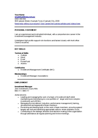 Finance Investment Manager Cv Template