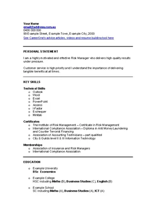 Finance Risk Manager Cv Template