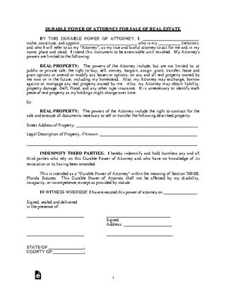 Florida Durable Real Estate Only Power Of Attorney Form