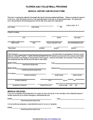 Florida Medical History And Release Form For Player