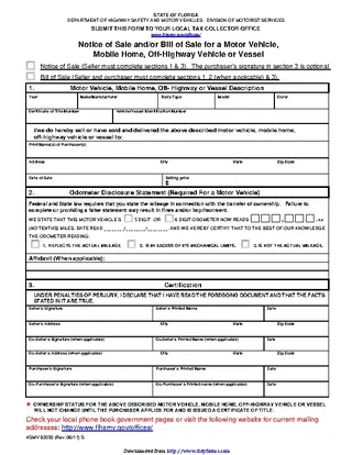 Florida Motor Vehicle Bill Of Sale Form