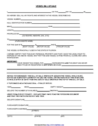 Florida Vessel Bill Of Sale Form