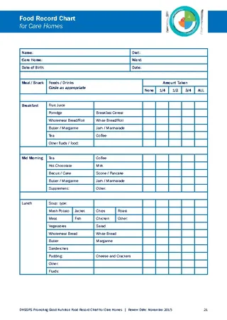 Food Record Chart For Care Homes
