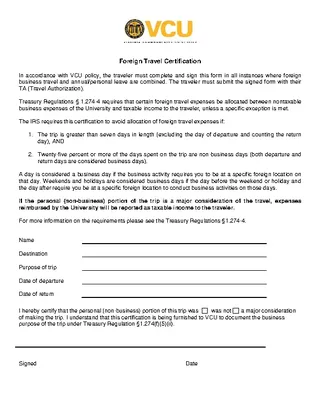 Forms Foreign Travel Certification Template