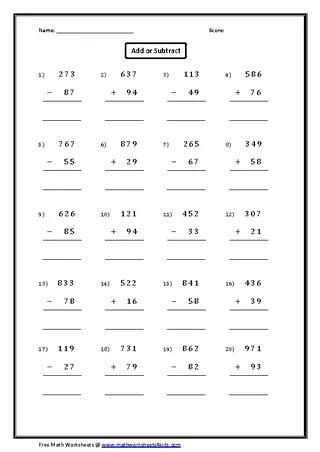 Free Basic Addition And Subtraction Worksheet Template