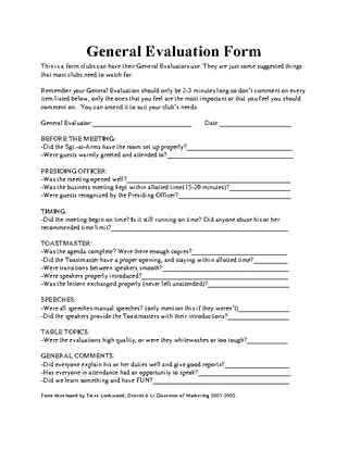 General Toastmaster Evaluation Form Template Pdf Format Free Download