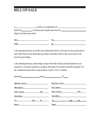 General Vehicle Bill Of Sale Form